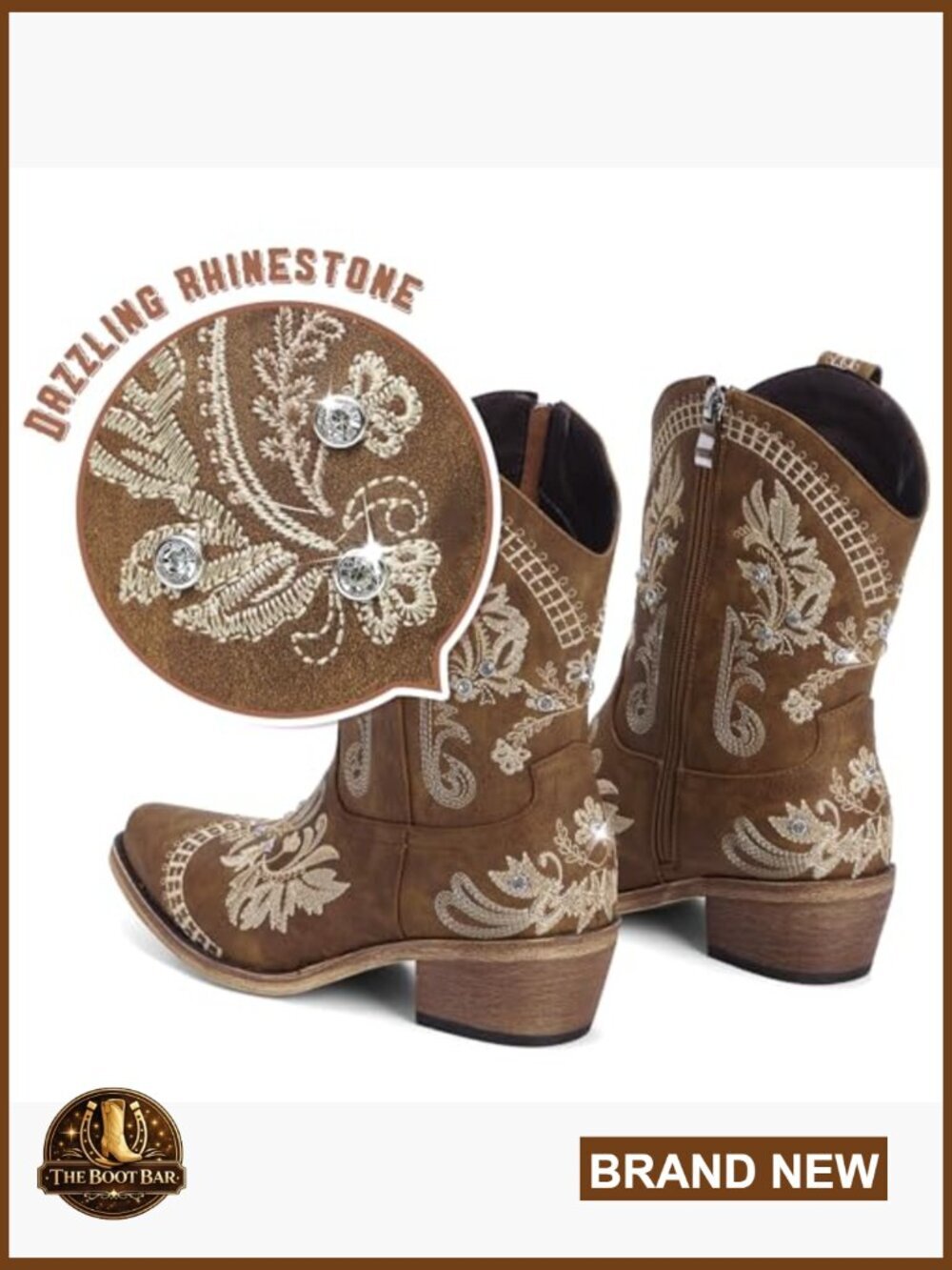 Pointed Toe Western Booties with Embroidered Rhinestone Chunky Heel Ankle Boots - Picture 4 of 6